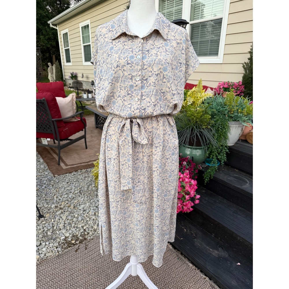 Lucky Brand Womens XL Blue Floral Paisley Midi Shirt Dress Short Sleeve Belted